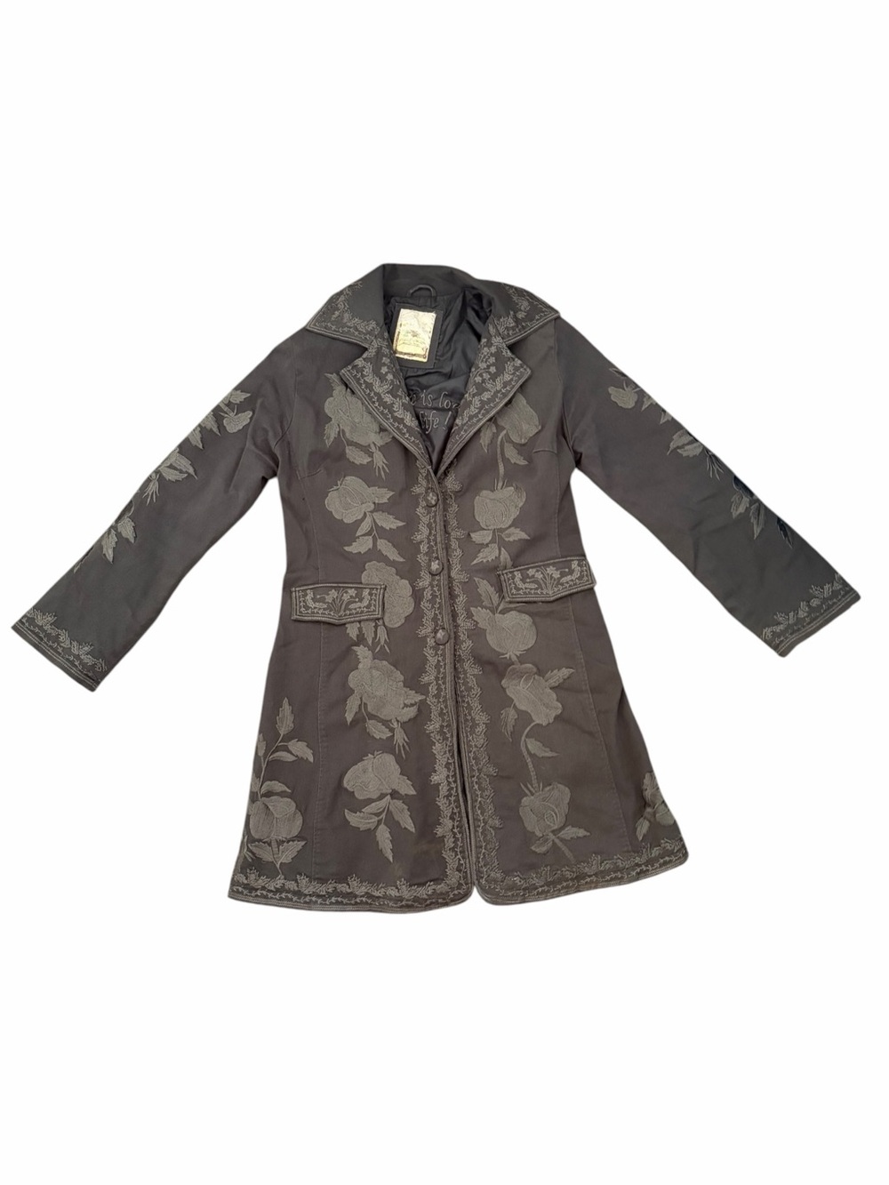 Paparazzi by Biz Vintage Trench Coat Embroidered Bohemian Charcoal Grey XL
